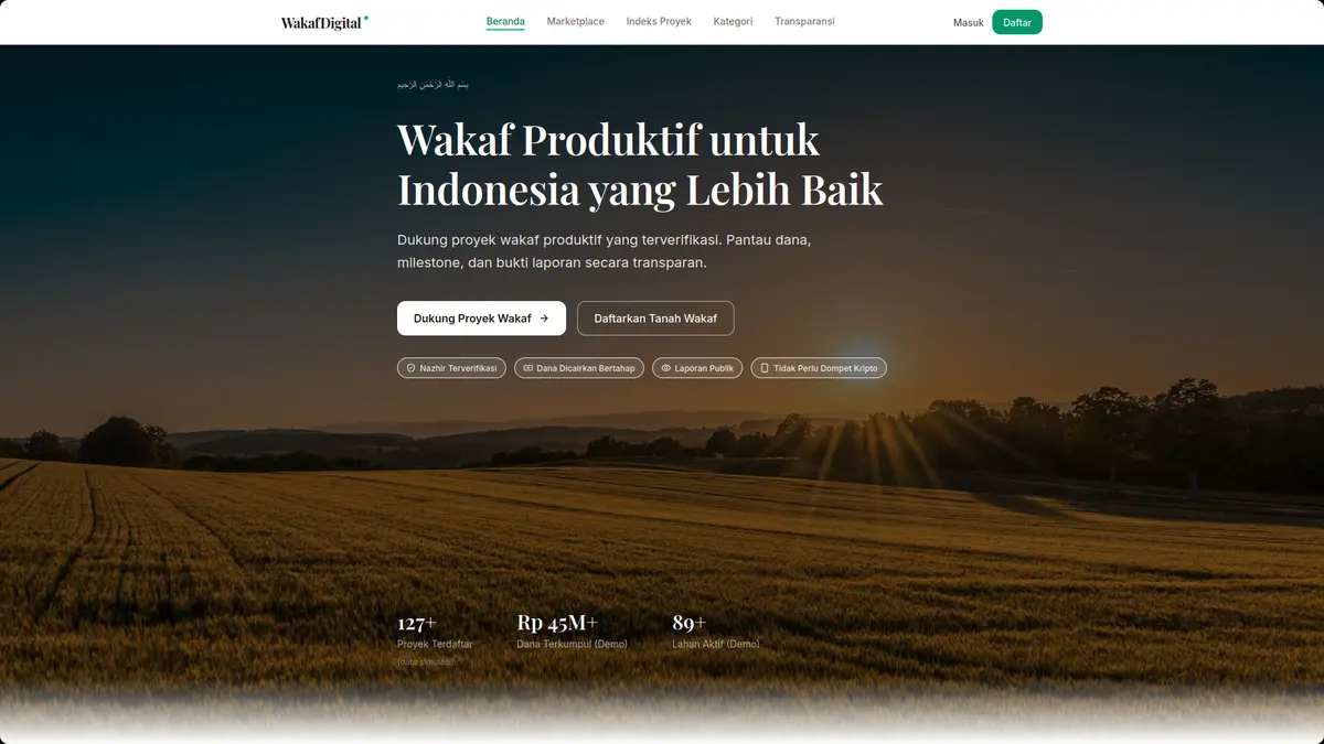 Header WakafDigital dengan latar ladang, CTA proyek wakaf, dan statistik.