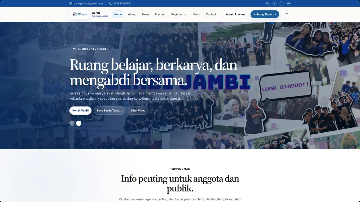 Header website GenBI Provinsi Jambi dengan kolase kegiatan dan navigasi.