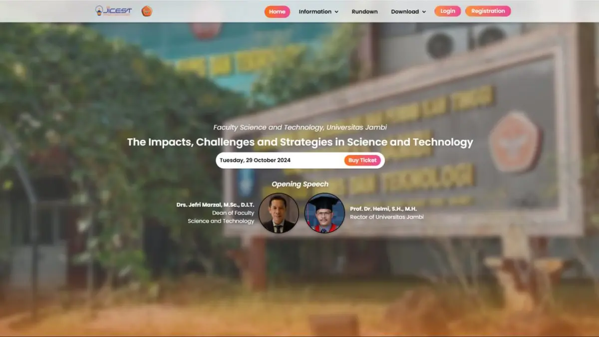 Header website JICEST 2024 dengan latar kampus dan jadwal konferensi.
