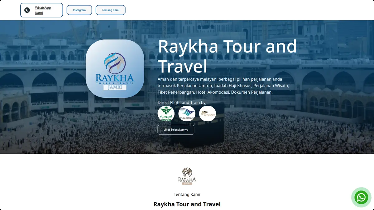 Header Raykha Tour and Travel dengan latar Masjidil Haram dan logo travel.