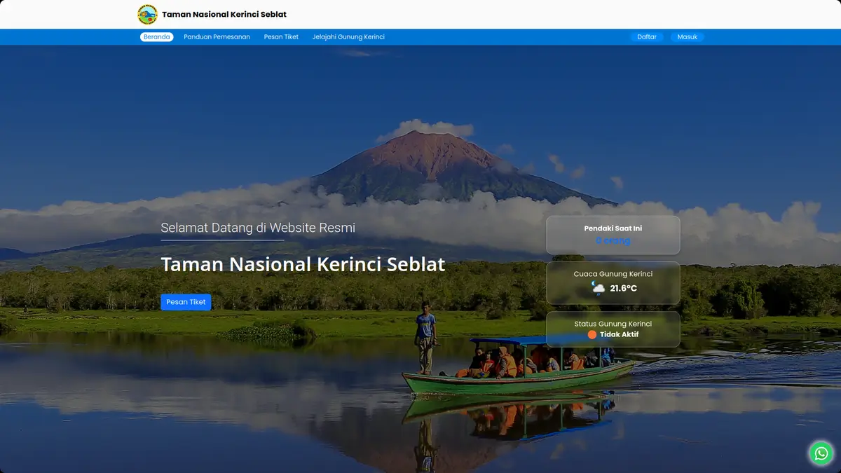 Header website resmi Taman Nasional Kerinci Seblat dengan gunung dan panel informasi.
